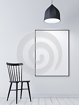 Mock up poster frame on the white wall with black chair and lamp in minimalist interior.