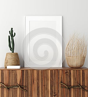 Mock up poster frame on wooden cabinet in home interior