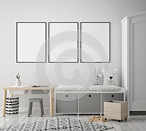 Mock up poster frames in children bedroom, scandinavian style interior background, 3D render