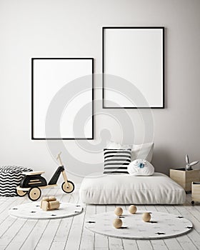 Mock up poster frames in children bedroom, scandinavian style interior background, 3D render