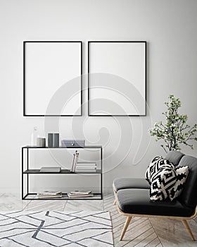 Mock up poster frames in children bedroom, scandinavian style interior background, 3D render