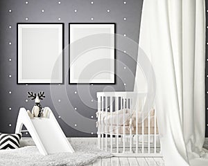 Mock up poster frames in children bedroom, scandinavian style interior background, 3D render