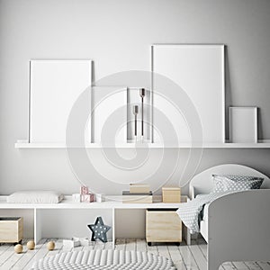 Mock up poster frames in children bedroom, scandinavian style interior background, 3D render