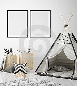 Mock up poster frames in children bedroom, scandinavian style interior background, 3D render
