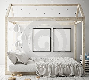 Mock up poster frames in children bedroom, scandinavian style interior background, 3D render