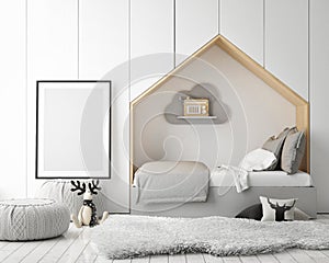 Mock up poster frames in children bedroom, scandinavian style interior background, 3D render