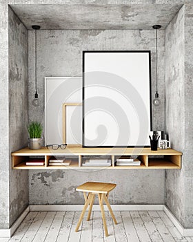 Mock up poster frames in hipster interior background,