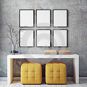 Mock up poster frames in hipster interior background,