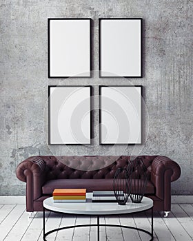 Mock up poster frames in hipster interior background,