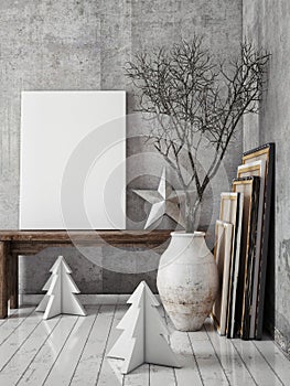 Mock up poster frames in hipster interior background,