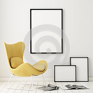 Mock up poster frames in hipster interior background,