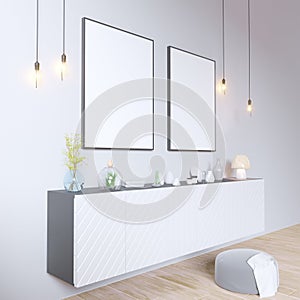 Mock up poster frames in hipster interior background, Scandinavian style, 3D render, 3D illustration