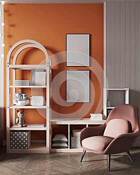 mock up poster frames in modern interior background, Children room, Scandinavian style, 3D render,