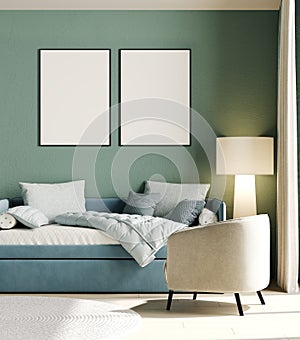 mock up poster frames in modern interior background, Children room, Scandinavian style, 3D render, 3D illustration
