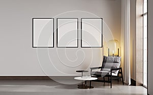 mock up poster frames in modern interior background, living room, Scandinavian style, 3D render, 3D illustration