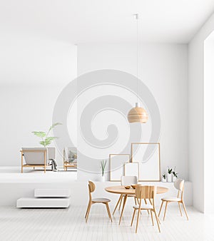 Mock up poster frames in Scandinavian style dining room interior. Minimalist dining room design. 3D illustration