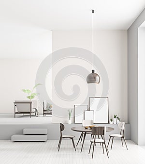 Mock up poster frames in Scandinavian style dining room interior. Minimalist dining room design. 3D illustration