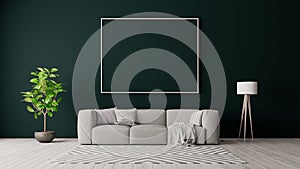 Mock up poster on green wall, grey modern furniture, minimal interior design 3D Render
