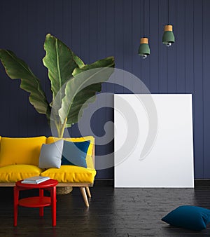 Mock up poster in hipster interior with yellow sofa