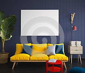 Mock up poster in hipster interior with yellow sofa