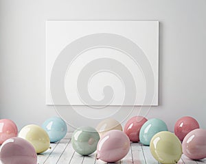 Mock up poster in interior background with colorful pastel balloons on the floor, 3D render