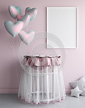 Mock up poster in interior background with pastel balloons