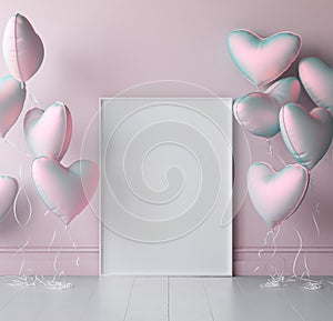 Mock up poster in interior background with pastel balloons