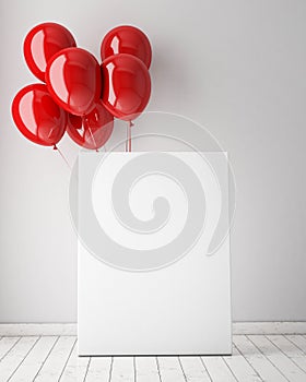 Mock up poster in interior background with red balloons,