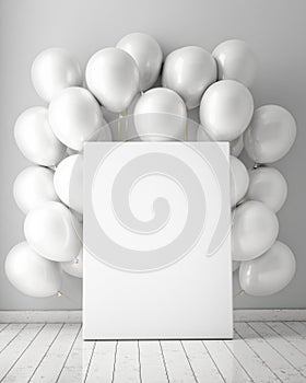 Mock up poster in interior background with white balloons,