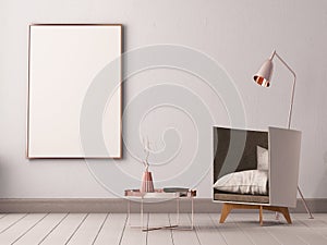 Mock up poster in the interior of a living room with armchairs and lamps. 3d illustration 3d render.