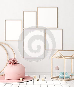 Mock up poster in kids bedroom interior background, Scandinavian style