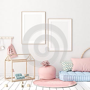 Mock up poster in kids bedroom interior background, Scandinavian style