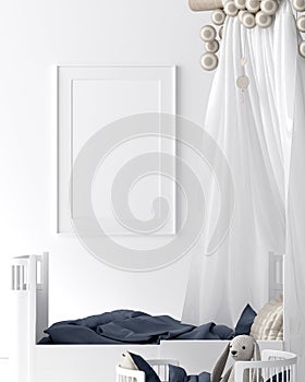 Mock up poster in kids bedroom interior background, Scandinavian style