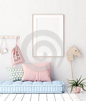 Mock up poster in kids bedroom interior background, Scandinavian style