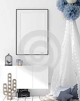 Mock up poster in kids bedroom interior background, Scandinavian style