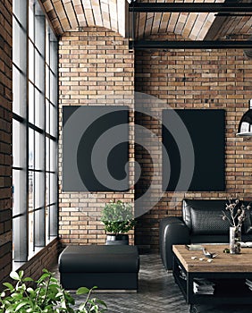 Mock up poster in living room loft in industrial style