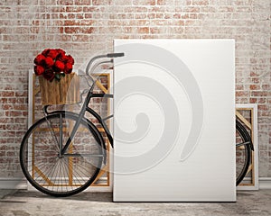Mock up poster in loft interior background with bicycle