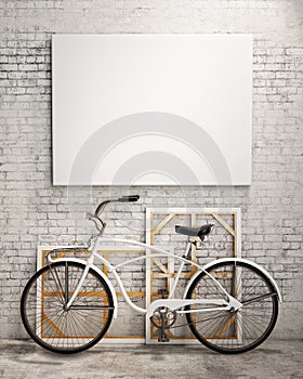 Mock up poster in loft interior with bicycle, background