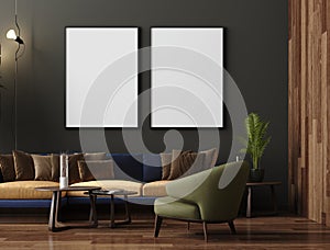 Mock up poster in luxury modern living room interior, dark green brown wall, modern sofa and plants