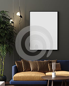 Mock up poster in luxury modern living room interior, dark green brown wall, modern sofa and plants