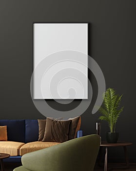Mock up poster in luxury modern living room interior, dark green brown wall, modern sofa and plants