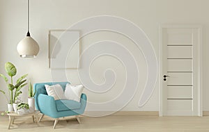 Mock up - poster mock up living room interior with blue armchair sofa on white room design minimal design. 3D rendering