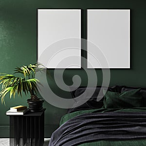 Mock-up poster in modern dark green bedroom interior with potted plant on table