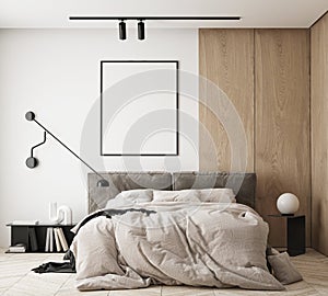 MOck up poster in modern home interior background, Bedroom, Scandinavian style 3D render