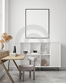 MOck up poster in modern home interior background, Home office, Scandinavian style 3D render