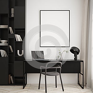 Mock up poster in modern home interior background, home office, Scandinavian style 3D render