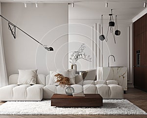 Mock up poster in modern home interior background, home office, Scandinavian style 3D render