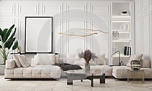 Mock up poster in modern home interior background, living room, luxury style 3D render