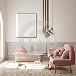 MOck up poster in modern home interior background, living room, Scandinavian style 3D render