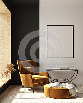 MOck up poster in modern home interior background, living room, Scandinavian style 3D render